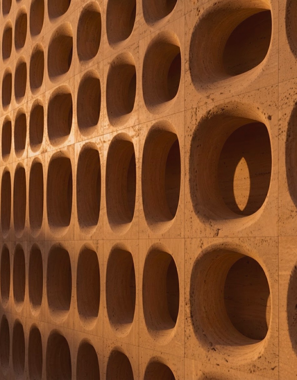 Travertine screen wall of oval openings in raking light — Arca Risk Management