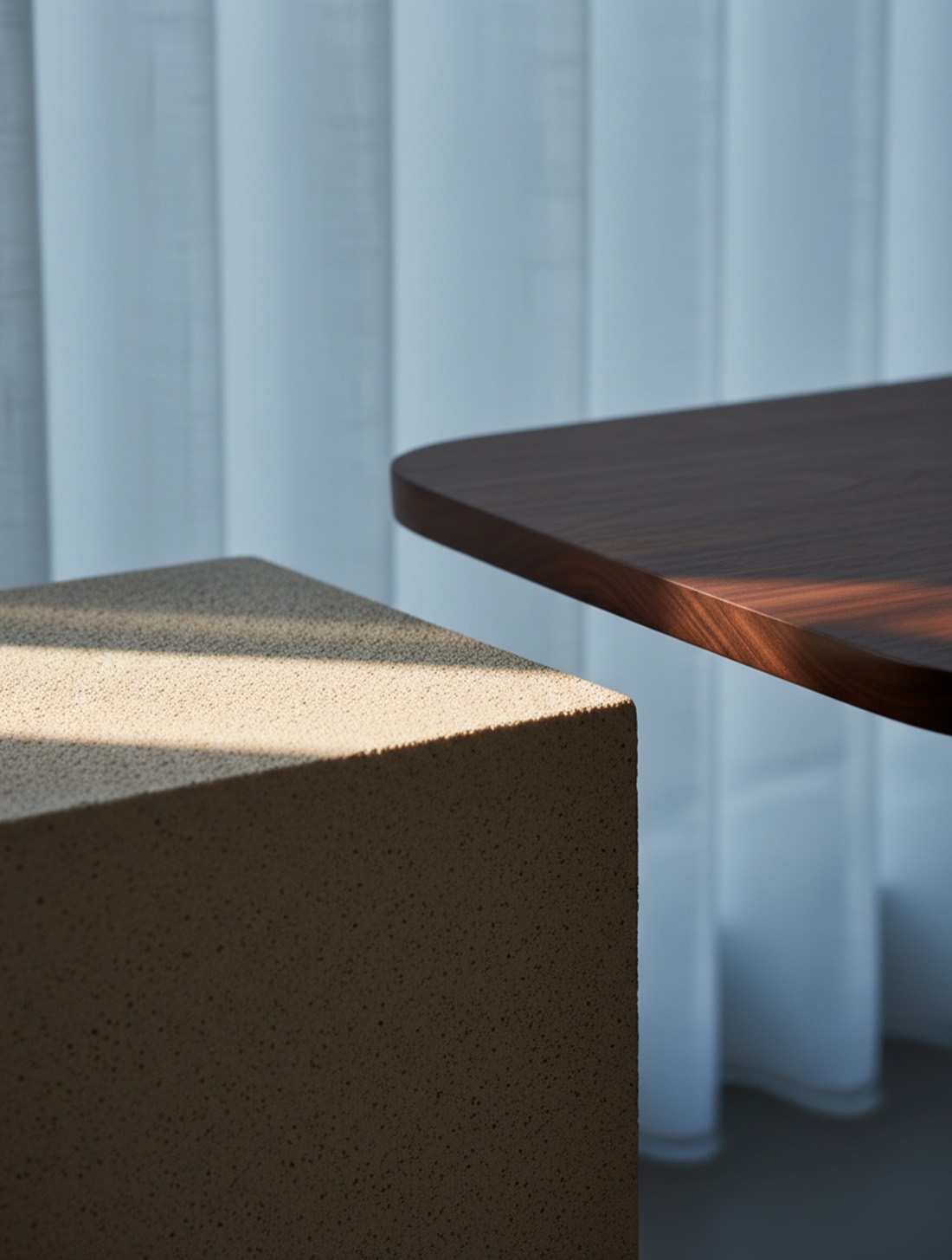 Stone plinth and a walnut table edge against a sunlit curtain — Arca Risk Management